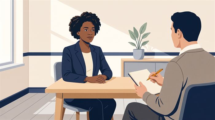 Illustration : une candidate répond aux questions en entrevue d'embauche.