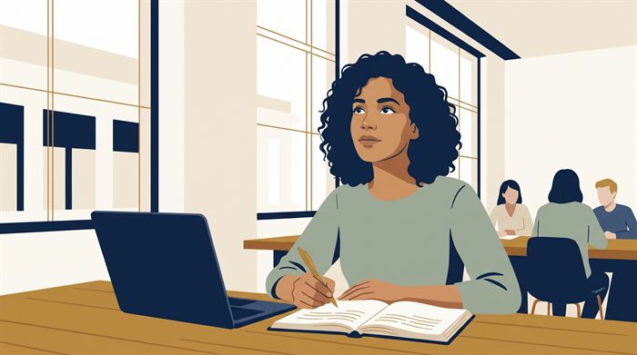 Illustration : une étudiante prend des notes dans un espace d'étude au collège.