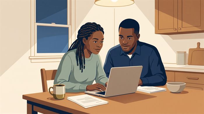 Illustration : un couple prépare sa demande de résidence permanente à la maison.