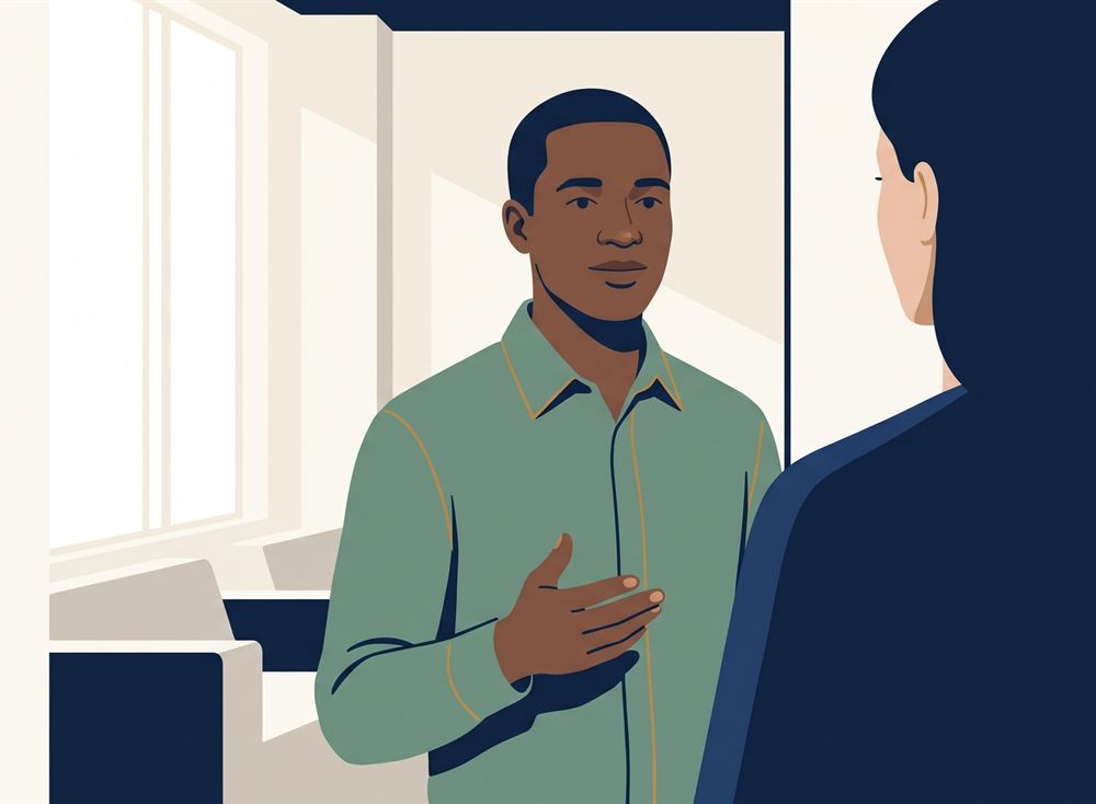 Illustration : un homme échange avec un collègue au travail, en anglais, à l'aise.
