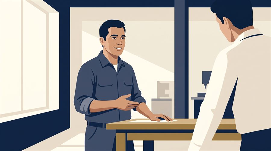 Illustration : un homme explique une tâche à un collègue au travail, en anglais.