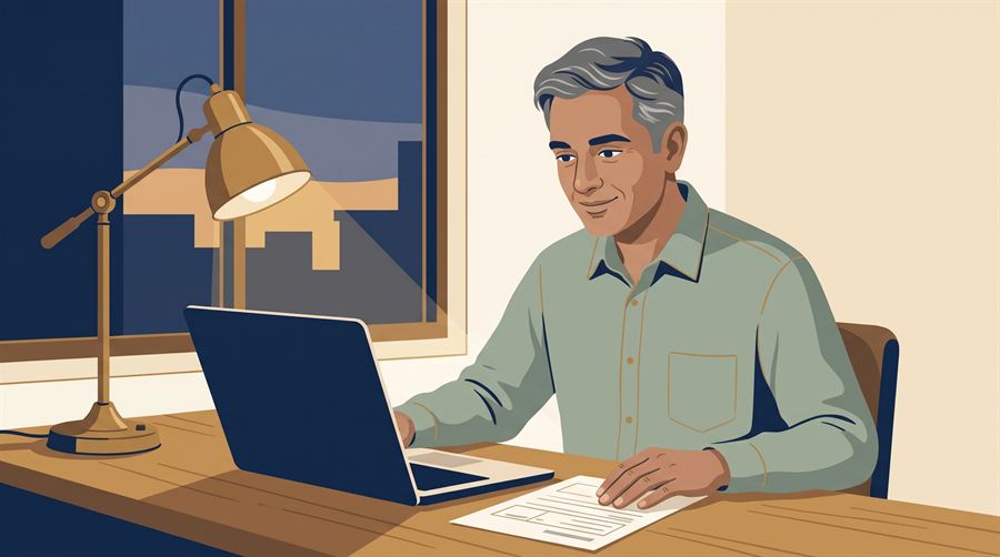 Illustration : un homme prépare son dossier de résidence permanente à la maison.