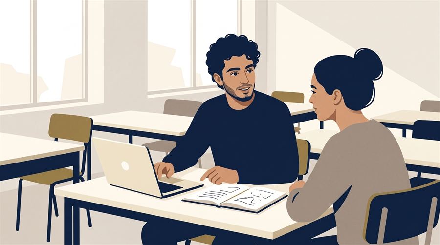Illustration : un étudiant discute du travail en cours avec une camarade de classe.