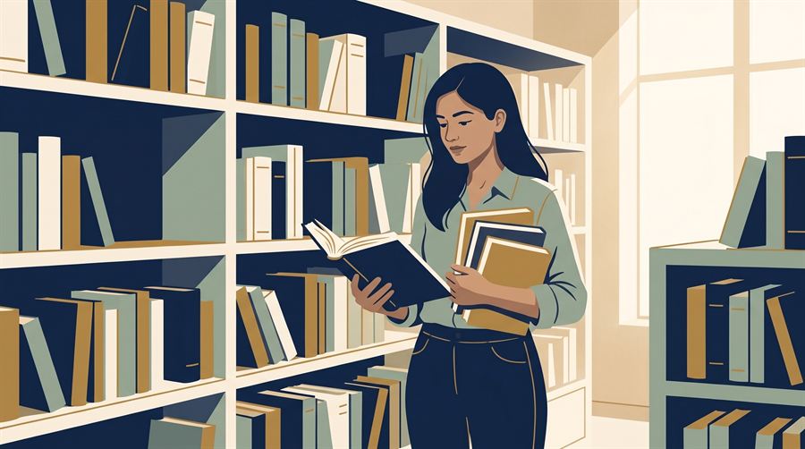 Illustration : une étudiante choisit des livres à la bibliothèque du collège.